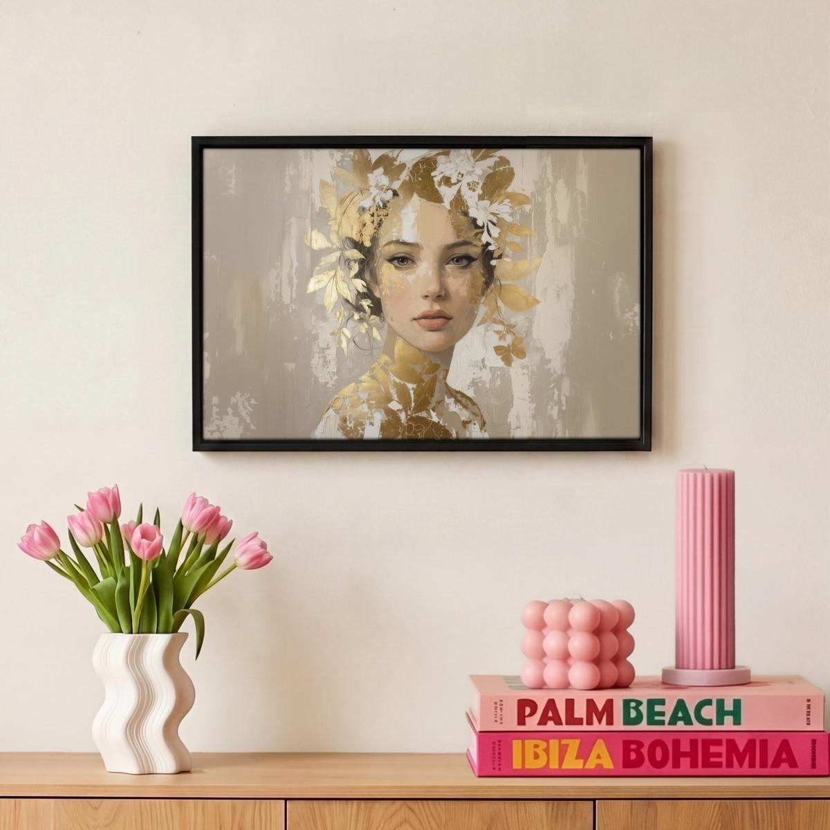 LEINWAND Bilder mit Rahmen - Gesicht - Frau - Blätter - Gold - 30x20 - Beige, Textil (30/20cm) - MuchoWow