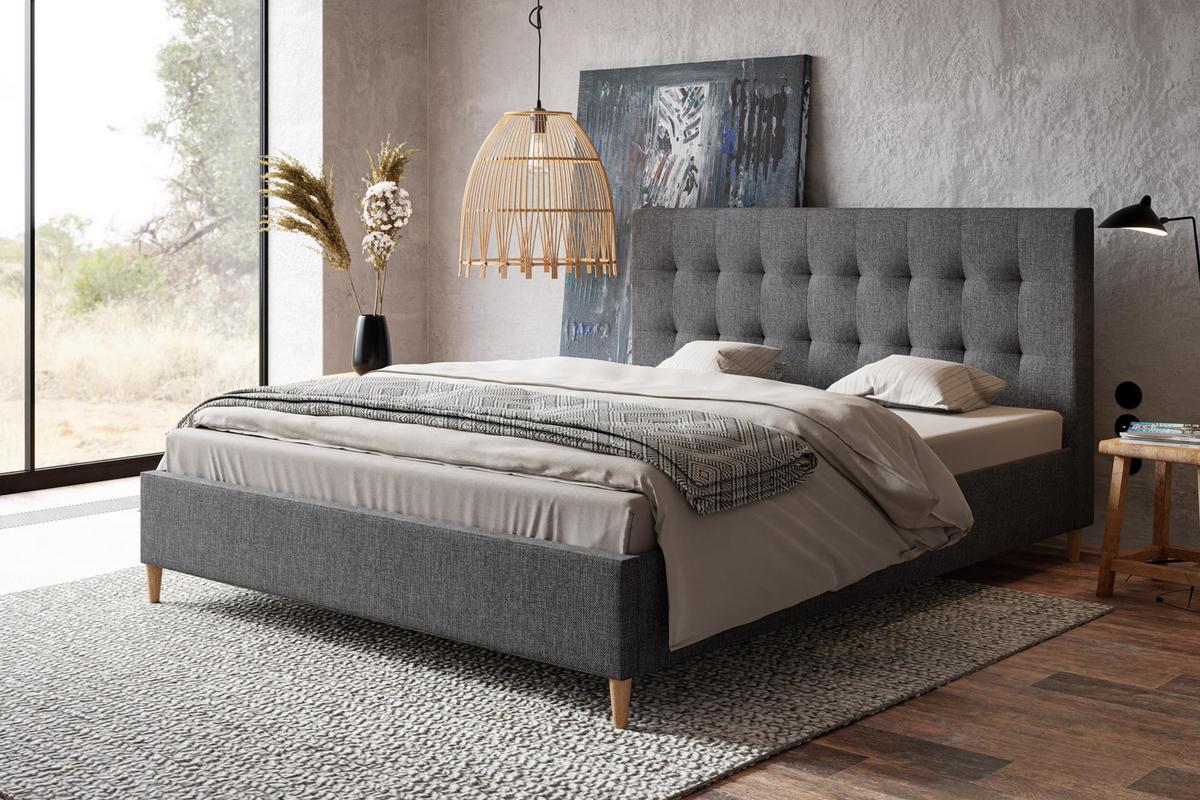 POLSTERBETT LUX Rio mit Kopfteil, 140 x 200 cm, Doppelbett mit Lattenrost aus Holz, Strukturstoff Dunkelgrau, Füße in Farbe: Braun - Dunkelgrau, Holz/Textil (140/200cm) - Alpi-Möbel