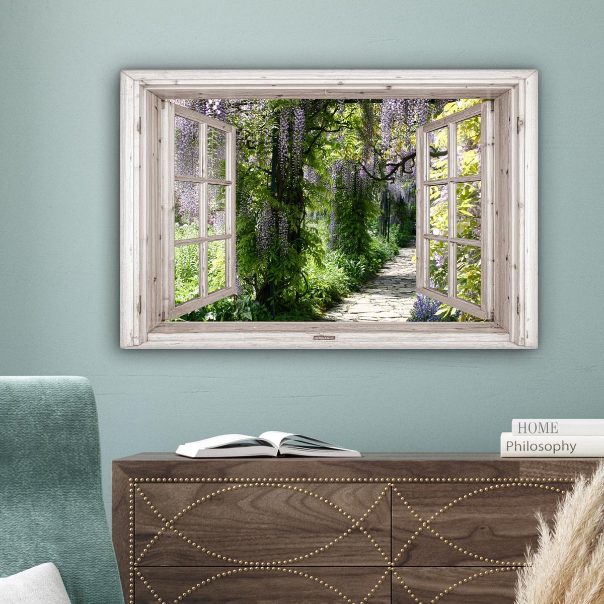 LEINWANDBILD Blauer Regen - Blumen - Aussicht - Baum - Frühling Gemälde 60x40 cm - Grün, Textil (60/40cm) - MuchoWow