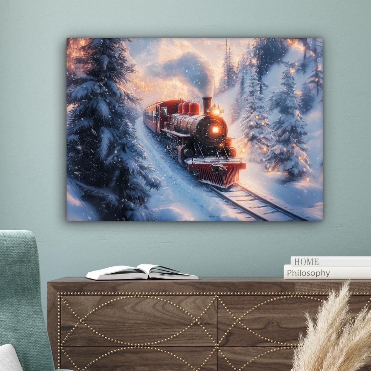 LEINWANDBILD Weihnachtszug - Schnee - Winter - Weihnachten Wandbilder 80x60 cm - Dunkelrot, Textil (80/60cm) - MuchoWow