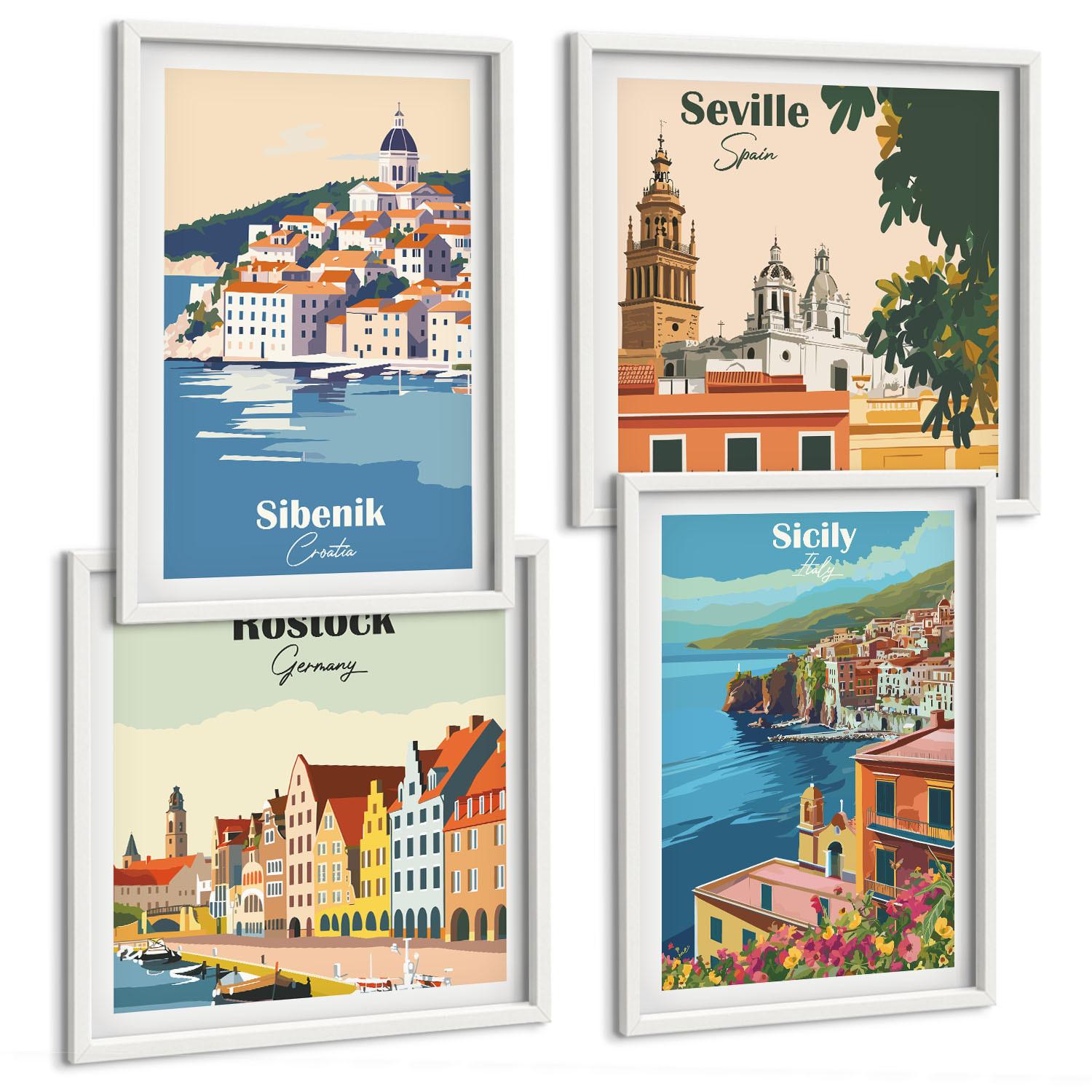 BILDER SET 4er Set - 50x50 cm & 40x60 cm Weißer Rahmen - Landschaften europäischer Städte - Weiß, Kunststoff (50/50cm) - TULUP