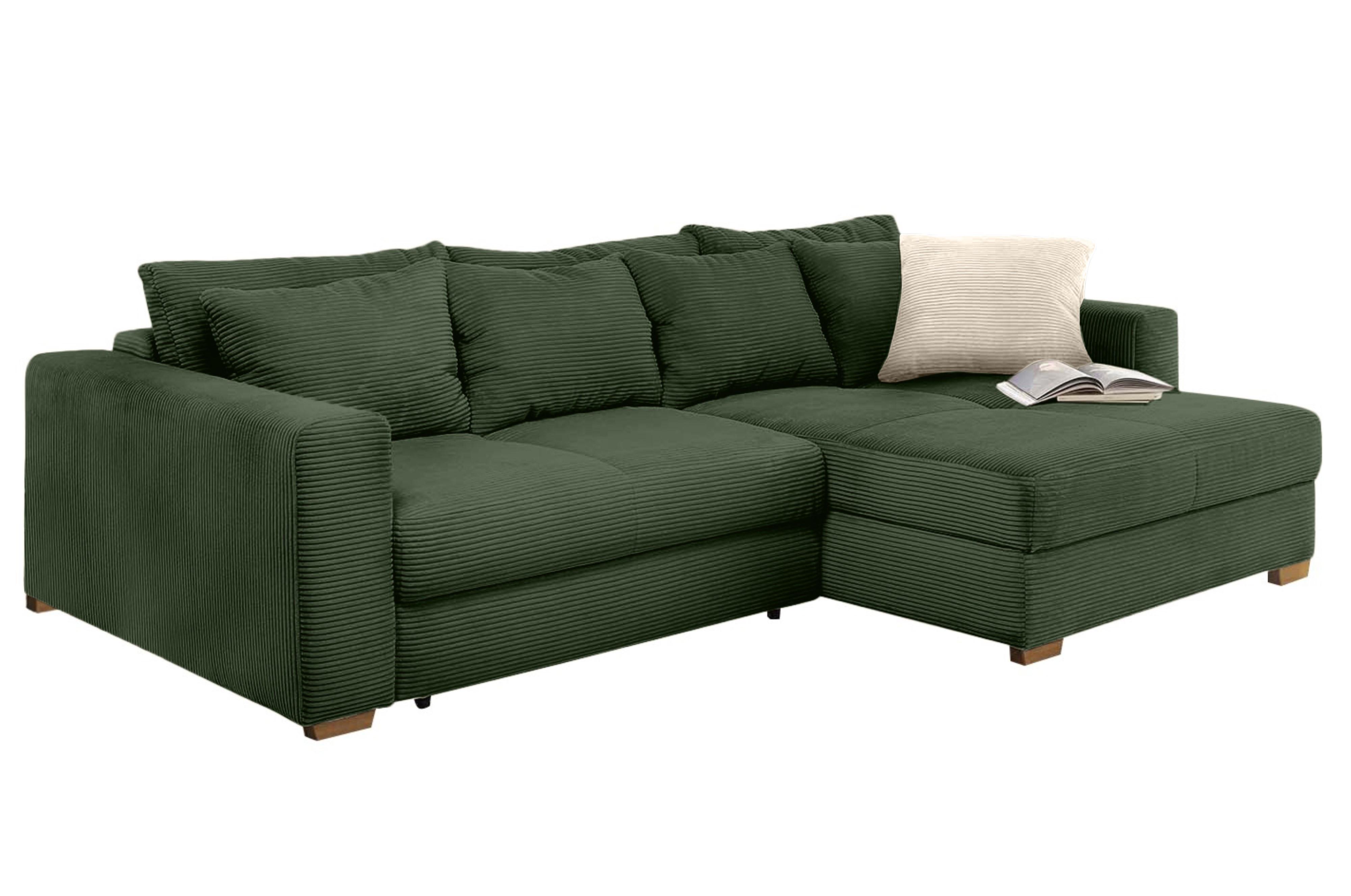 ECKSOFA-DAUERSCHLÄFER Federkern Bettkasten, seitenverkehrt montierbar B288/T186/H86 cm, Liegefl. 153x245 cm, Cord Grün / 15156 - Eichefarben/Grün, Holz/Textil (288/186cm) - luma-home