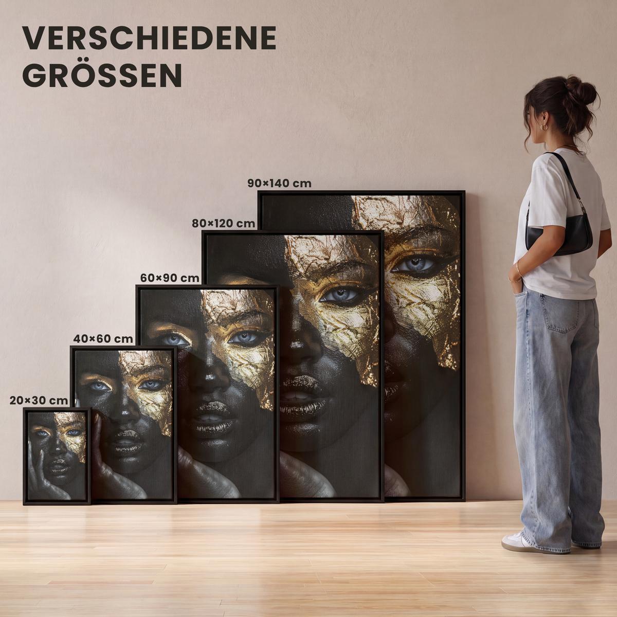 LEINWAND Bilder mit Rahmen - Frau - Gold - Porträt - Schwarz-Weiß - Luxus - 20x30 - Hellblau, Textil (20/30cm) - MuchoWow