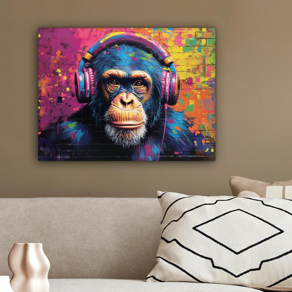 LEINWANDBILD Graffiti - Schimpanse - Straßenkunst - Kopfhörer - Affe Wandbild 40x30 cm - Blau, Textil (40/30cm) - MuchoWow