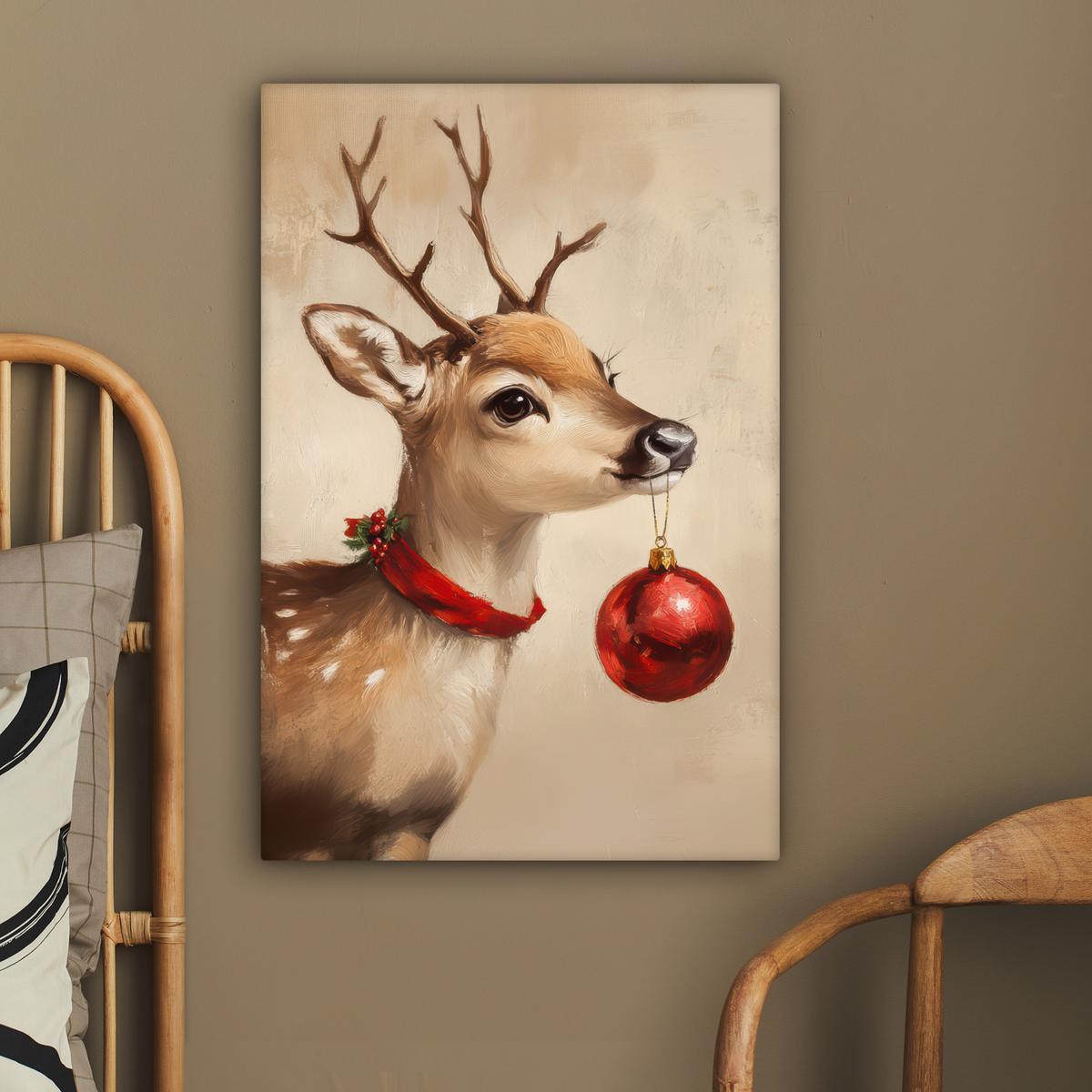 LEINWANDBILD Weihnachten - Hirsch - Geweih - Weihnachtskugel - Rentier Wanddeko Schlafzimmer 60x90 cm - Hellbraun, Textil (60/90cm) - MuchoWow