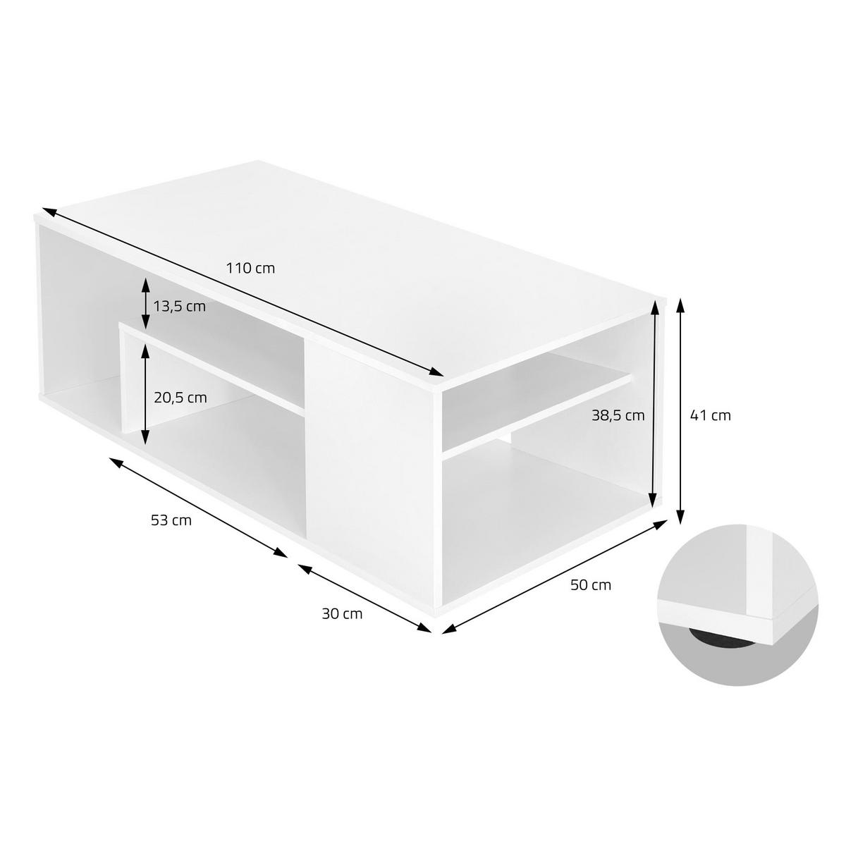 COUCHTISCH 110x50x41 cm Weiß mit 3 Etagen modern - Weiß, Holzwerkstoff (110/50/41cm) - ML-DESIGN