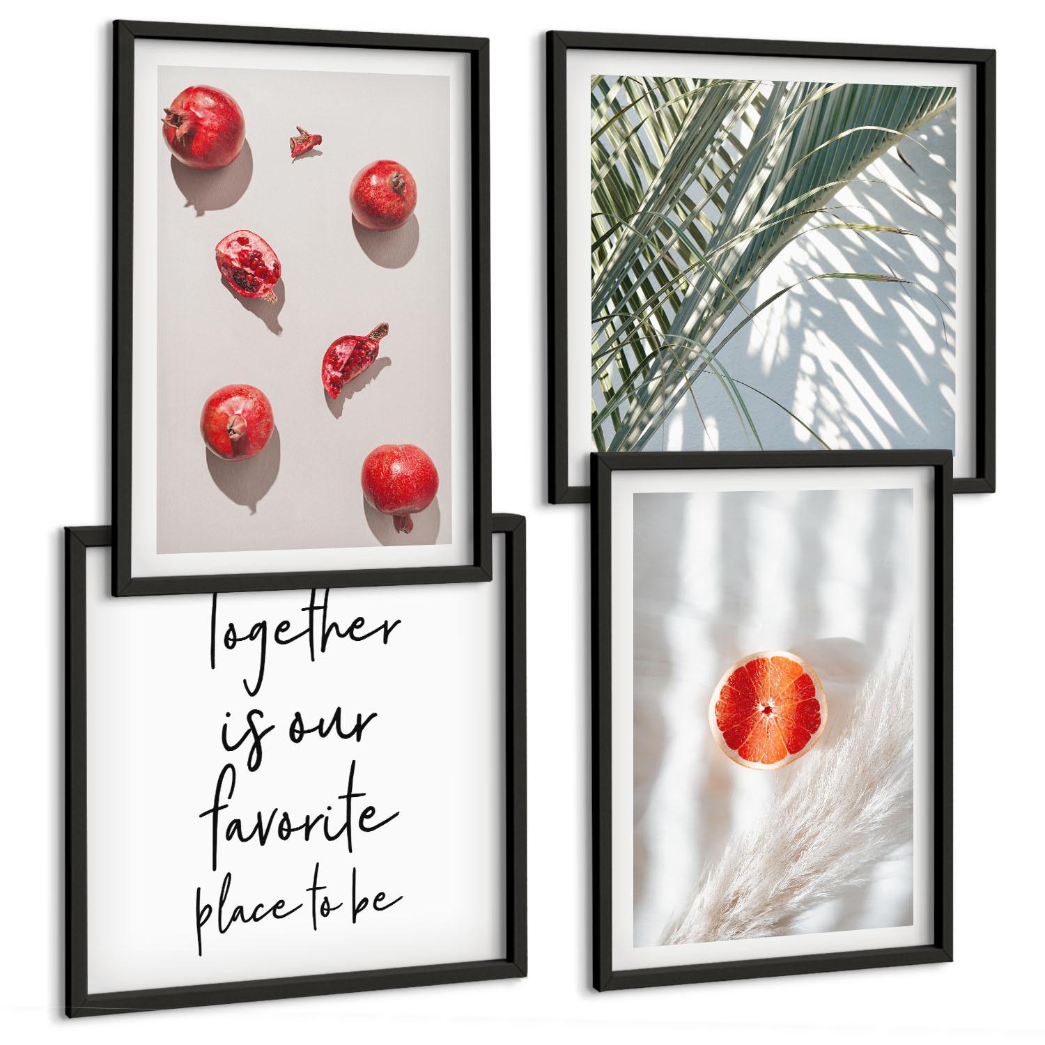 BILDER SET 4er Set - 50x50 cm & 40x60 cm Schwarzer Rahmen - Feiertags-Palmenfrucht-Inschrift - Schwarz, Kunststoff (50/50cm) - TULUP