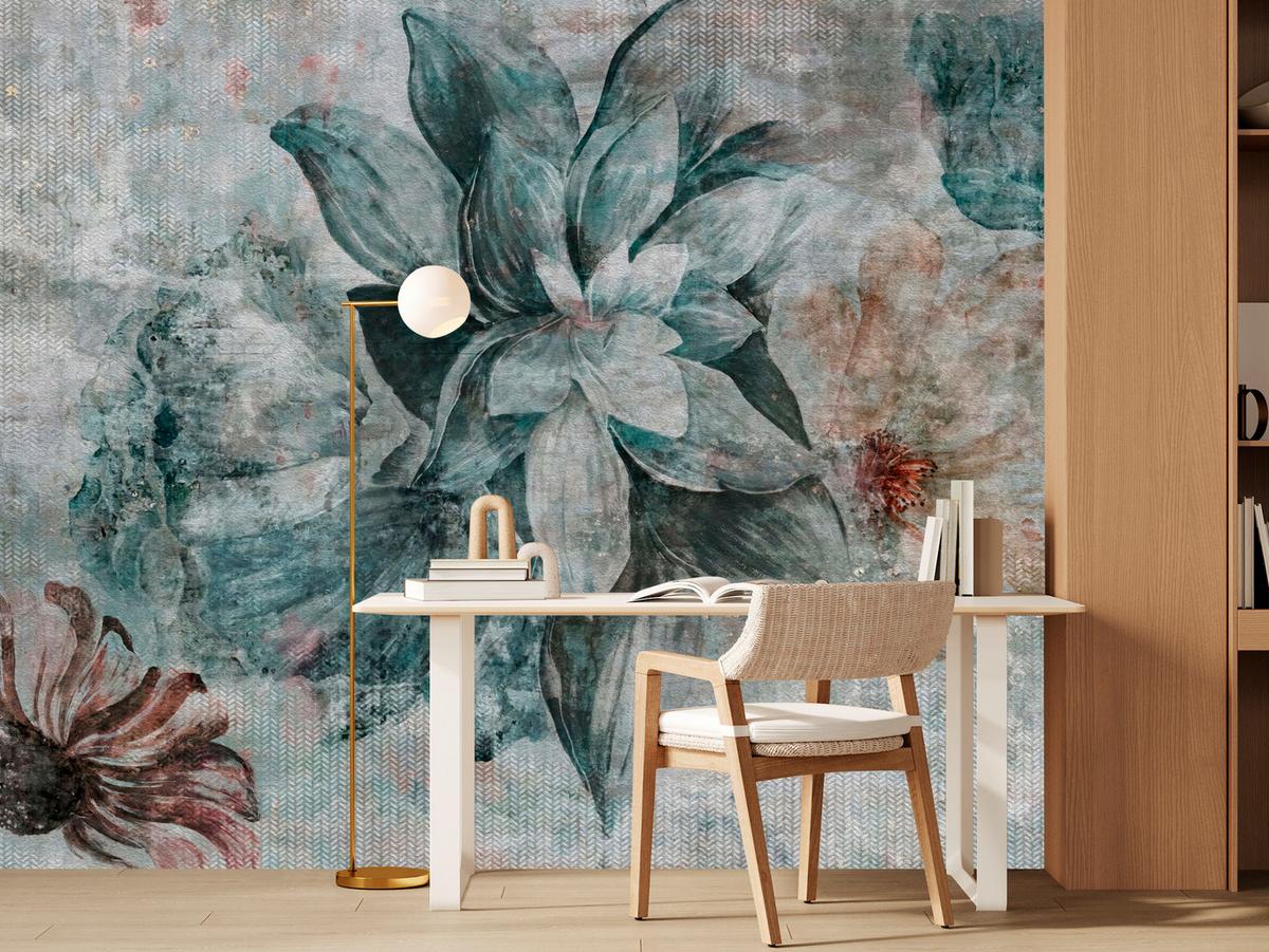 FOTOTAPETE für Schlafzimmer Aquarellblumen Beton Natur Pflanzen 300x210 - Grau, Papier (300/210cm) - Muralo