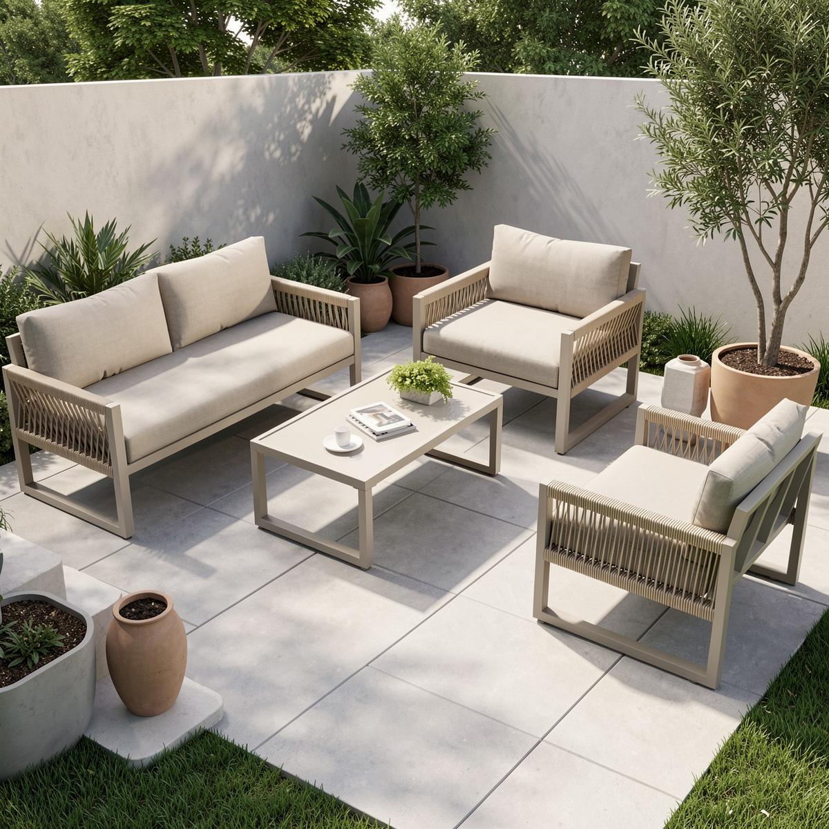 LOUNGEGARNITUR 4-tlg Khaki Metall & Seil Outdoor Sofaset mit 2 Sesseln, Sofa & Glastisch - Sandfarben, Metall - Urban Meuble
