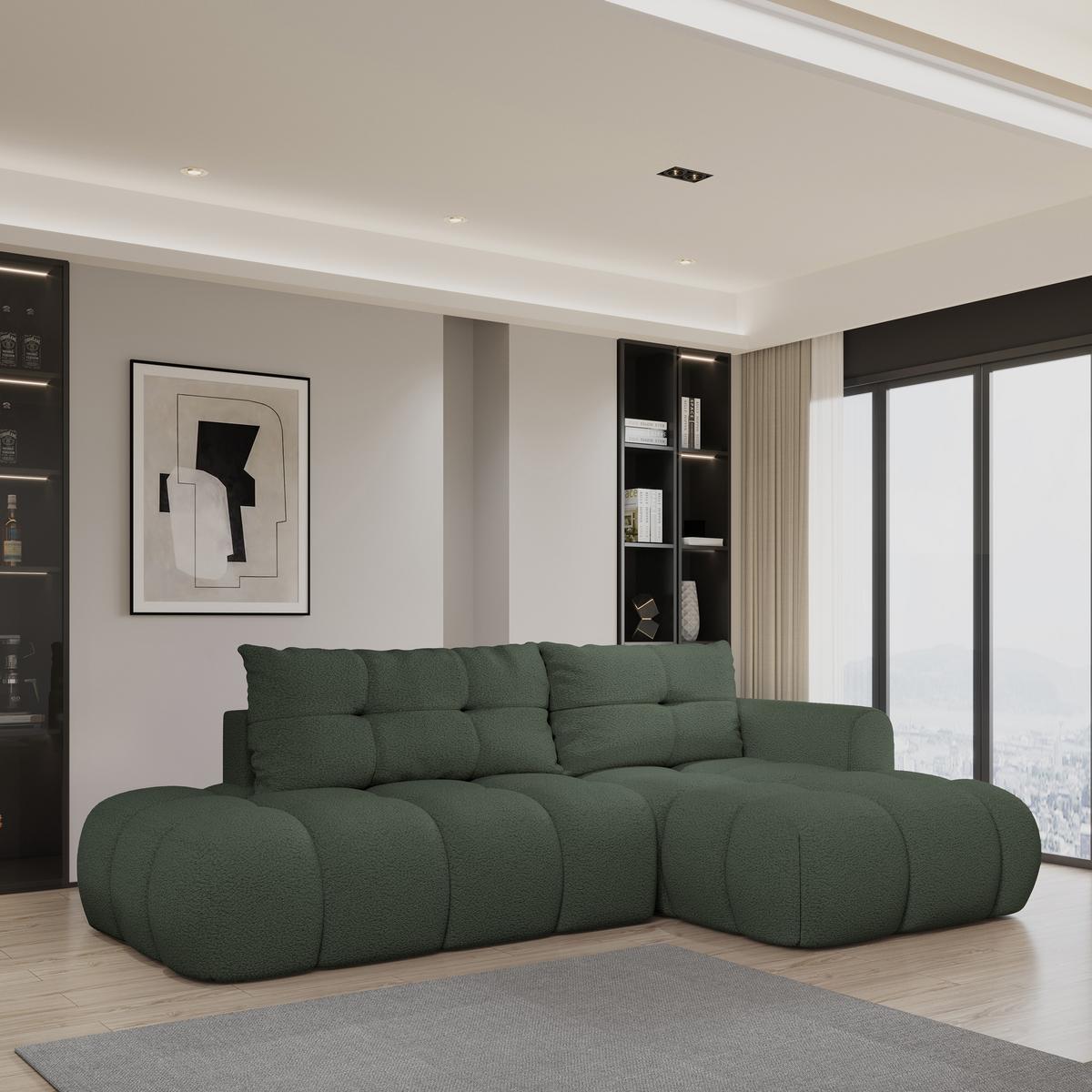 ECKSOFA FLUMA R-S Grün Boucle-Stoff mit Schlaffunktion - Grün, Holz (279/158cm) - MASSENO