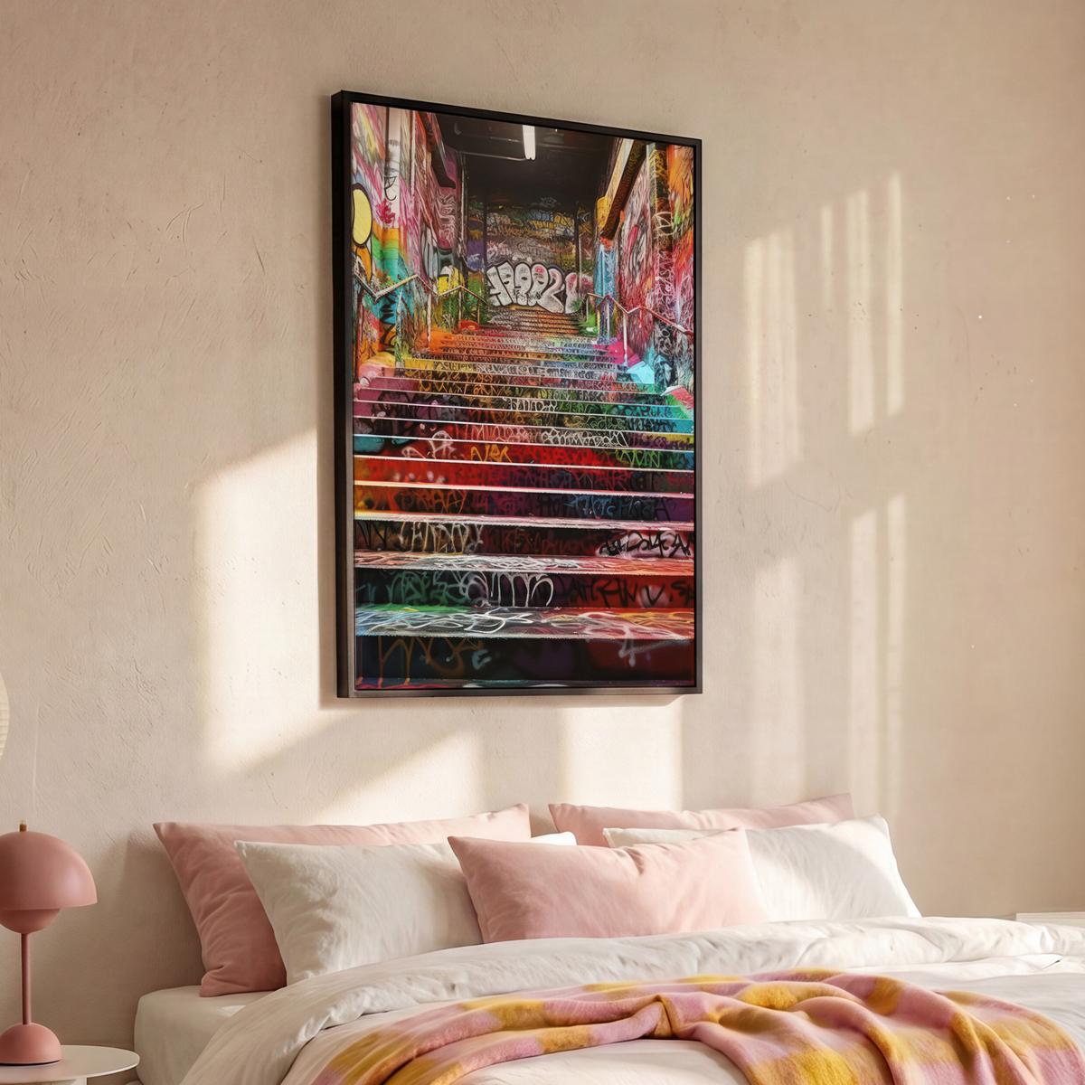 LEINWAND Bilder mit Rahmen - Treppe - Graffiti - Farben - Kunst - 100x150 - Multicolor, Textil (100/150cm) - MuchoWow