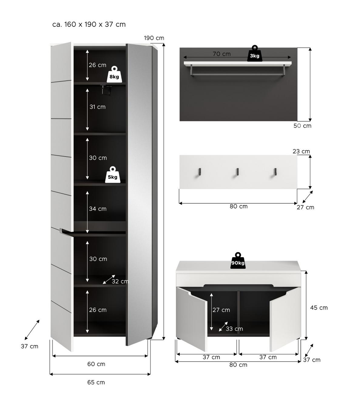 GARDEROBEN-SET 4-teilig in weiß, grau 160 cm, Garderobenkombination mit Soft-Close, Cooper - Schwarz/Weiß, Glas/Holzwerkstoff (160/190/37cm) - Inn.Furn