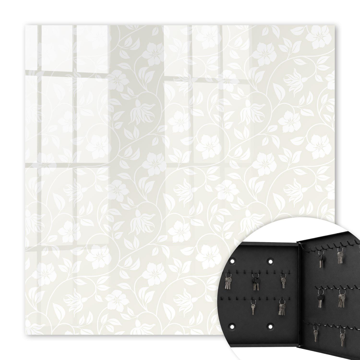 SCHLÜSSELBOX Schwarz 30x30 cm- Türöffnung nach rechts - Blumenmuster - Beige, Metall (30/30/5cm) - TULUP