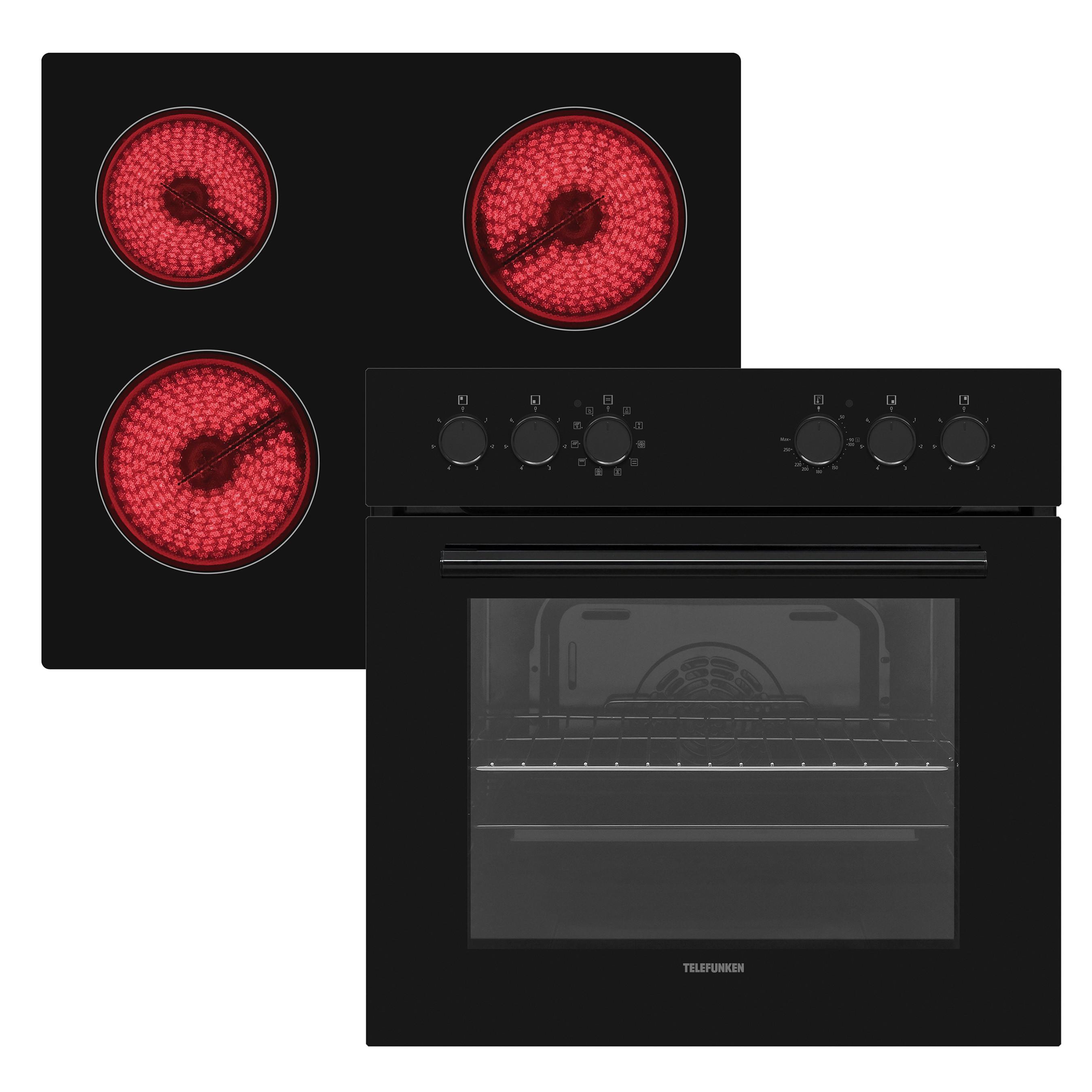 HERDSET, Backofen mit Grill und Umluft, Rahmenloses Glaskeramik-Kochfeld mit 4 Zonen, 65 Liter, 60 cm, Edelstahl - Schwarz, Keramik/Metall (59.5/59.5/57cm) - Telefunken