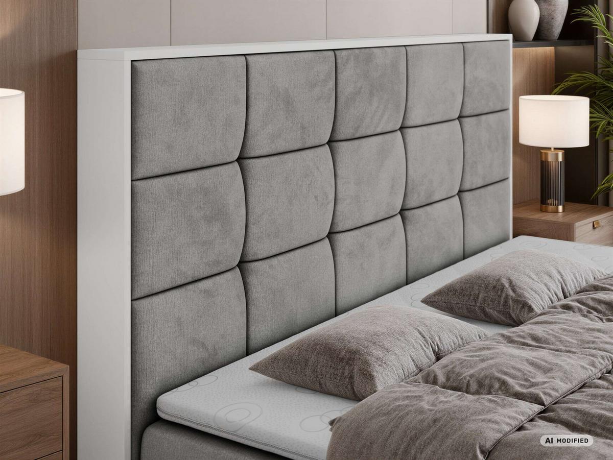 BOXBETT ALVIT 140/200 - Hellgrau Velvet - Topper Visco - H4 - Hellgrau/Schwarz, Kunststoff/Textil (140/200cm) - MKS