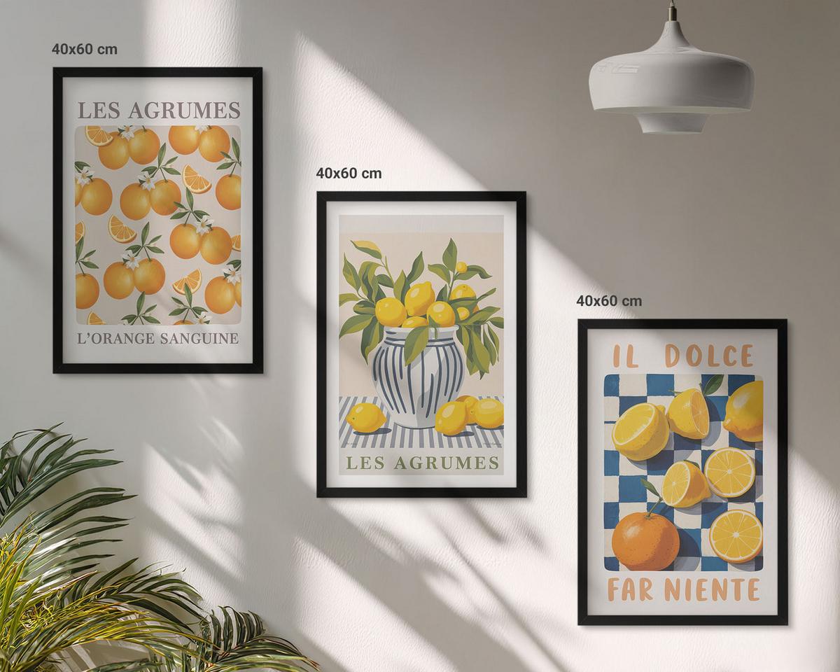 BILDER SET 3er Set - 40x60 cm Schwarzer Rahmen - Retro gelbe Zitrusfrüchte - Schwarz, Kunststoff (40/60cm) - TULUP