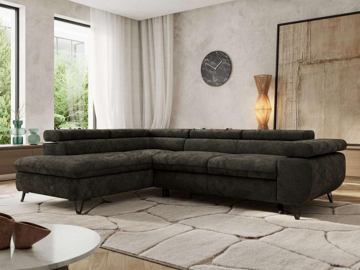 ECKSOFA PABLO L Dunkelgrau Schenille glatt - Links Seite - Dunkelgrau/Schwarz, Textil/Metall (208/273cm) - MKS