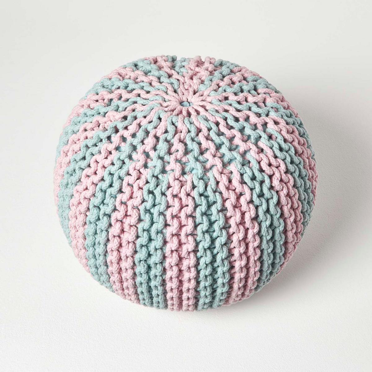 STRICKPOUF rund, blau-rosa gestreift, 50/50/40 cm - Hellblau, Textil (50/40/50cm) - Homescapes