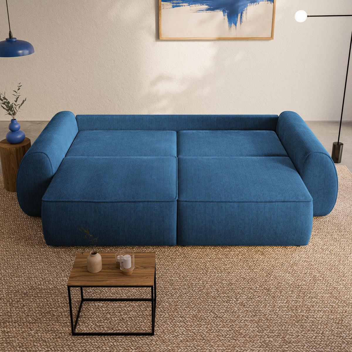 BETTSOFA ZEFEO Blau Kordstoff mit Schlaffunktion - Blau, Textil (264/96/106cm) - MASSENO