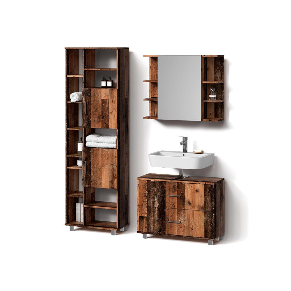 BADMÖBEL-SET Eisak Eiche rustikal 3 Teile, mit Hochschrank - Wildeiche, Holzwerkstoff (80/60/33cm) - Livinity®