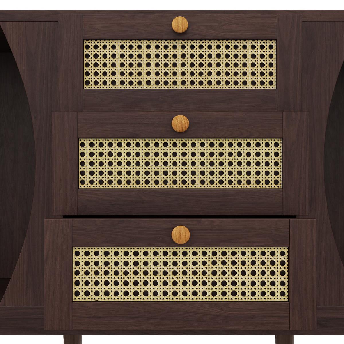 SIDEBOARD Walnuss Optik mit Rattan Schubladen und Schiebetüren - Walnussfarben, Naturmaterialien/Holzwerkstoff (140/73/40cm) - Urban Meuble
