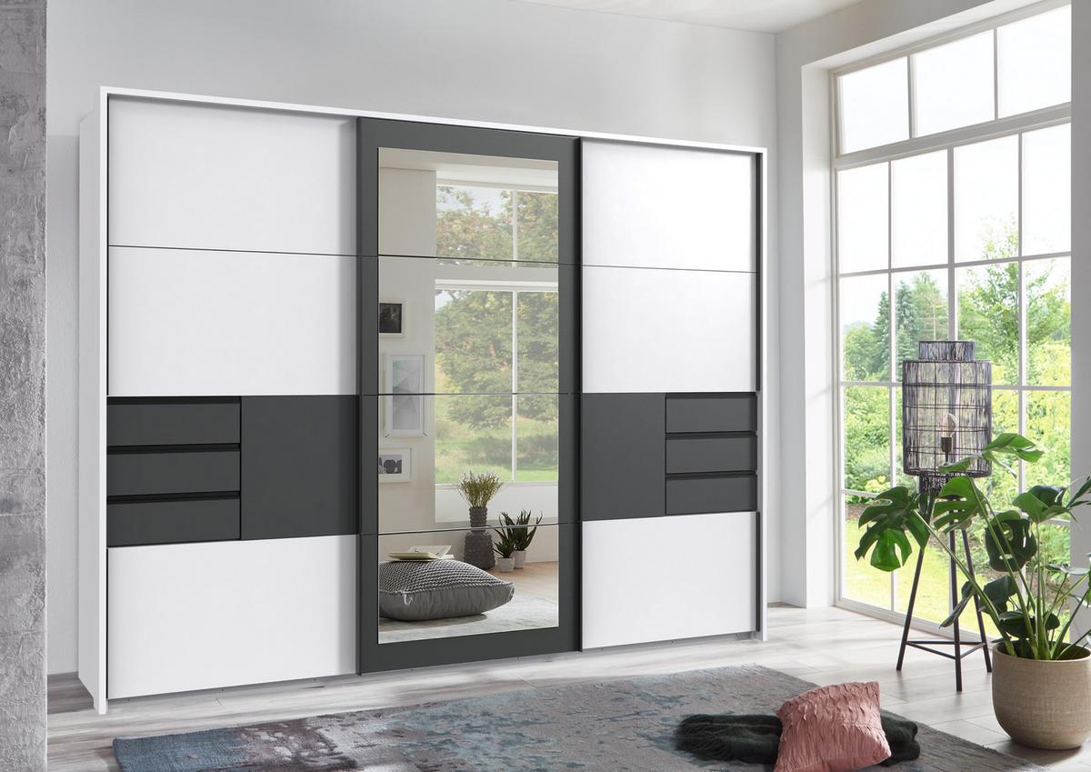 SCHWEBETÜRENSCHRANK 3-türig B273/H213/64 cm in Weiß mit Absetzungen in Grafit, Passepartout&Spiegel&Schubladen, Kleiderschrank inkl. Vollausst./ 22505 - Blau/Graphitfarben, Holzwerkstoff/Metall (273/213/64cm) - luma-home