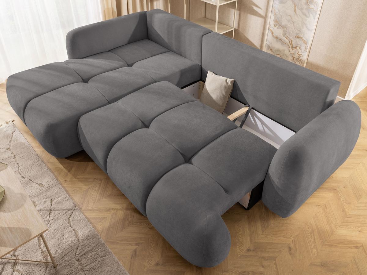 ECKSOFA Loretto aus natürlichem Taupe Webstoff mit Schlaffunktion, Bettkasten und tiefen Steppungen in Bubble-Optik - Taupe/Schwarz, Holz/Kunststoff (180/275cm) - S-Style