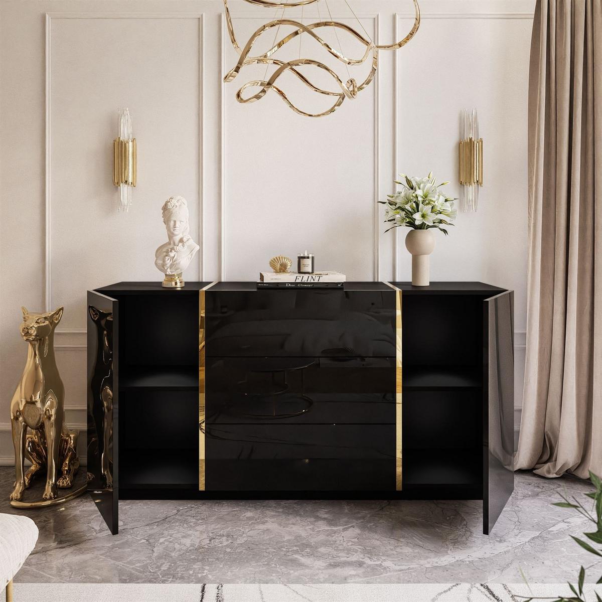 SIDEBOARD MIT SCHUBLADEN ONYX HOCHGLANZ 158 CM PUSH OPEN - Schwarz, Holzwerkstoff (158/81/41.3cm) - Lookway