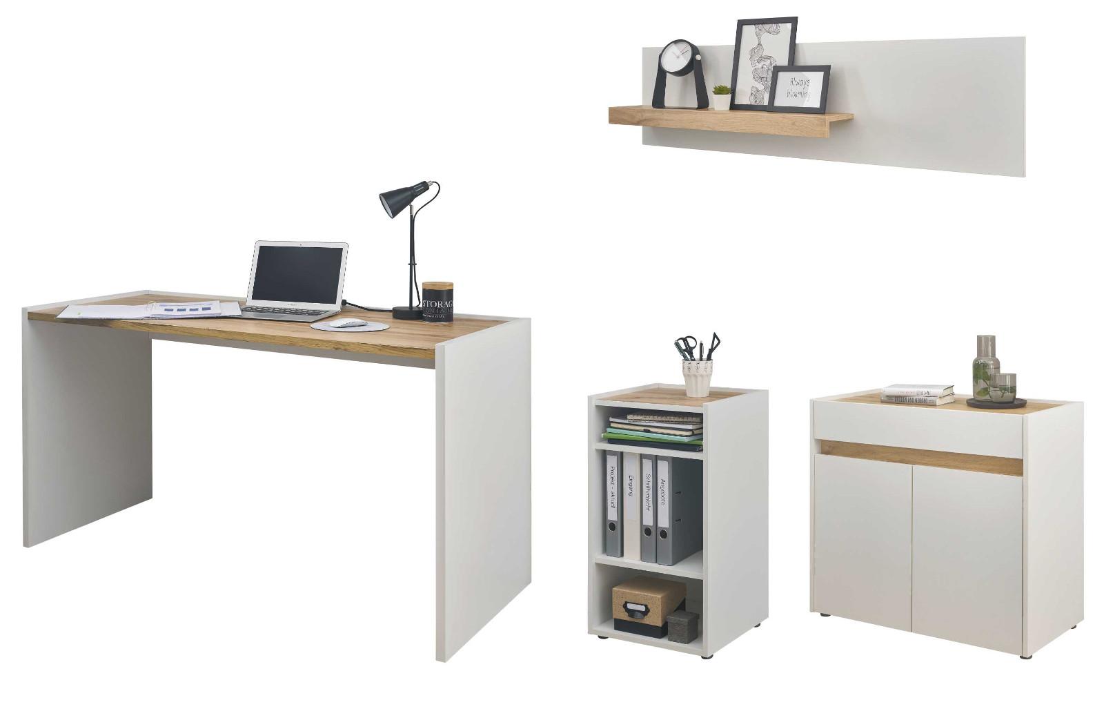 SCHREIBTISCHKOMBINATION 4-teilig weiß matt, Eiche Wotan, Büromöbel Set mit viel Stauraum - Eichefarben/Eiche Wotan, Holzwerkstoff/Kunststoff (140/143/180cm) - Furn.Design