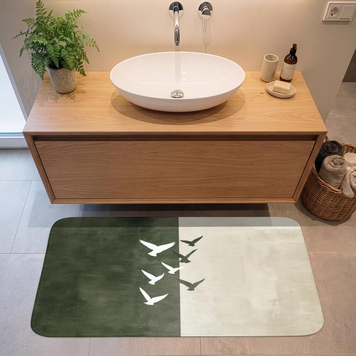 BADEMATTE Japandi - Vogel - Grün 120x60 cm - Olivgrün, Textil (120/60cm) - OnlyWow