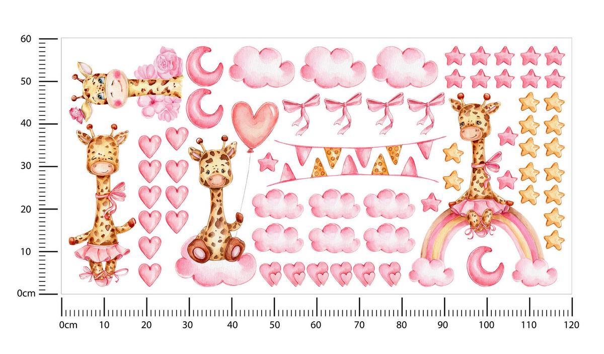 STICKER SET für Kinder Giraffen rosa Wolken Monde Sterne 120x60 - Gelb/Beige, Papier (120/60/1cm) - Muralo