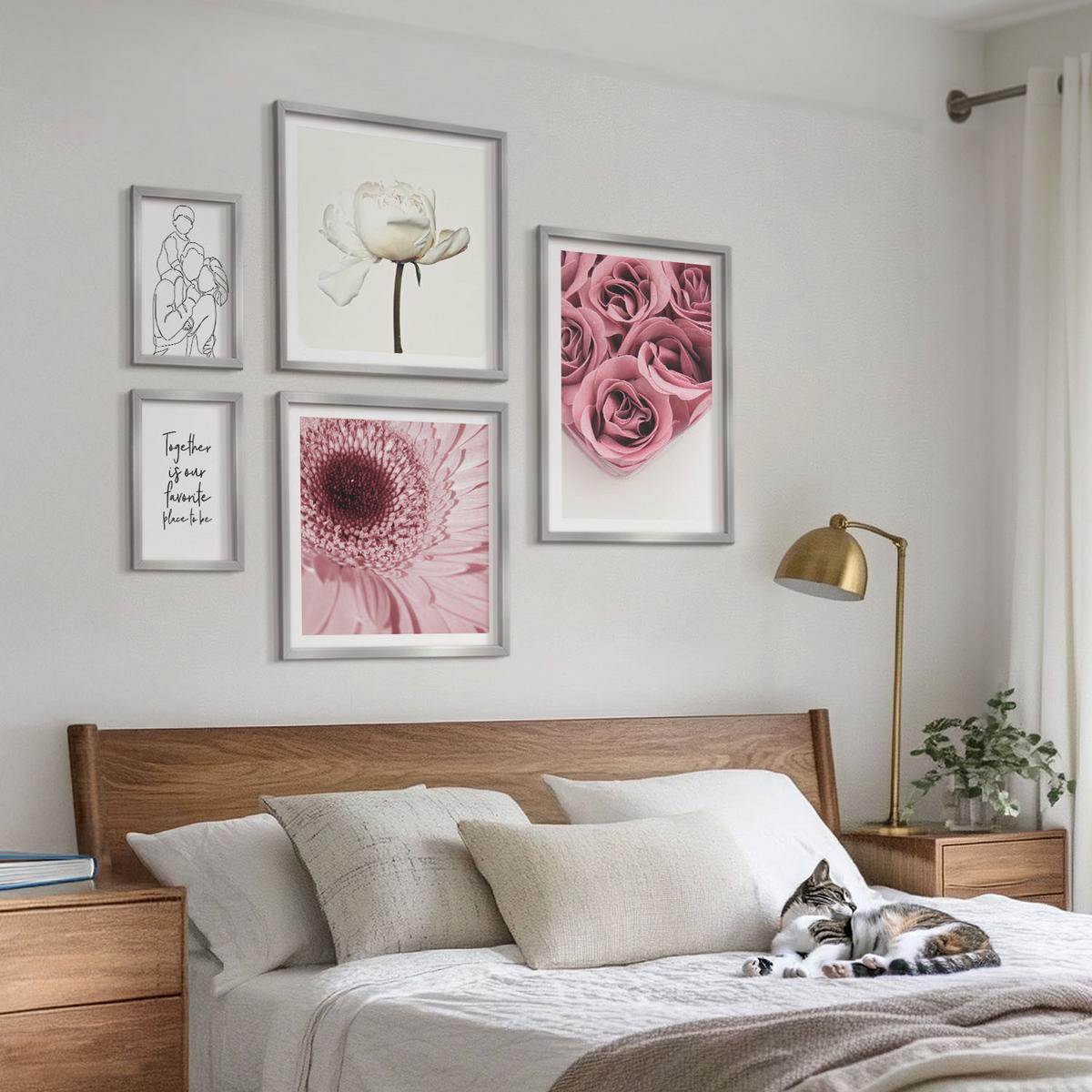 BILDER SET 5er Set - 50x50 cm & 20x30 cm & 40x60 cm Silberner Rahmen - Rosensträuße als Familienzeichnung - Silberfarben, Kunststoff (40/60cm) - TULUP
