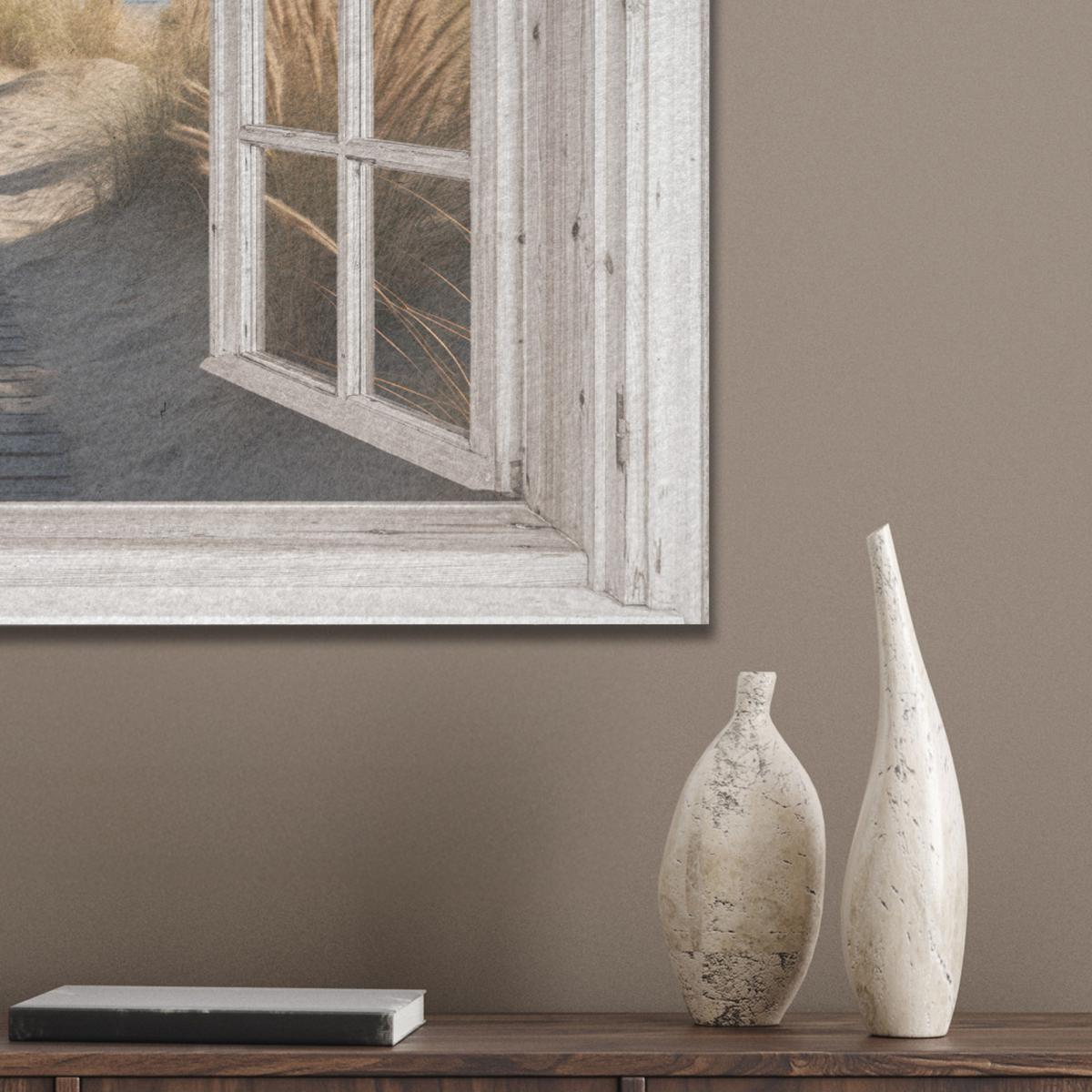 AKUSTIKBILD Fenster - Meer - Küste - Natur - Ausblick - Strand - Wattenmeer Wanddeko 70x50 cm - Beige, Kunststoff (70/50/0.9cm) - MuchoWow