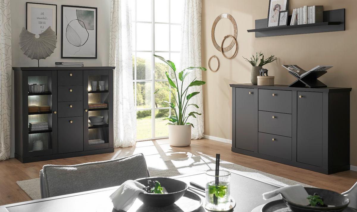 SIDEBOARD schwarz matt, Eiche Landhaus 158 cm, Kommode mit Soft-Close - Eichefarben/Messingfarben, Holzwerkstoff/Metall (158/92/42cm) - Furn.Design