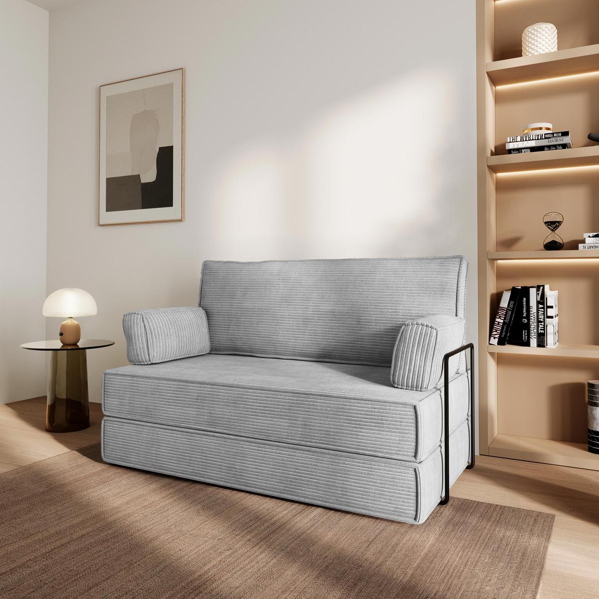 BETTSOFA LADIA aus Schaumstoff Kordstoff Hellgrau Schlaffunktion - Hellgrau, Textil (140/86/60cm) - MASSENO