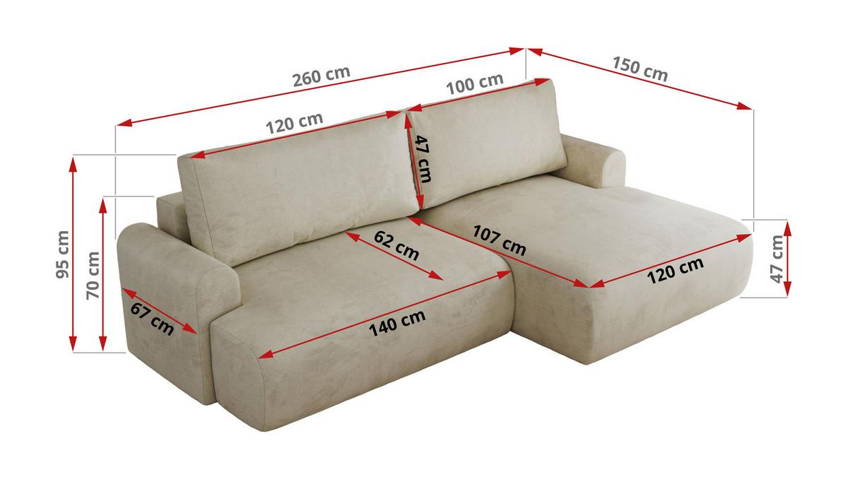 ECKSCHLAFSOFA TONO L Beige Velvet - rechts - Beige/Schwarz, Kunststoff/Textil (150/260cm) - MKS