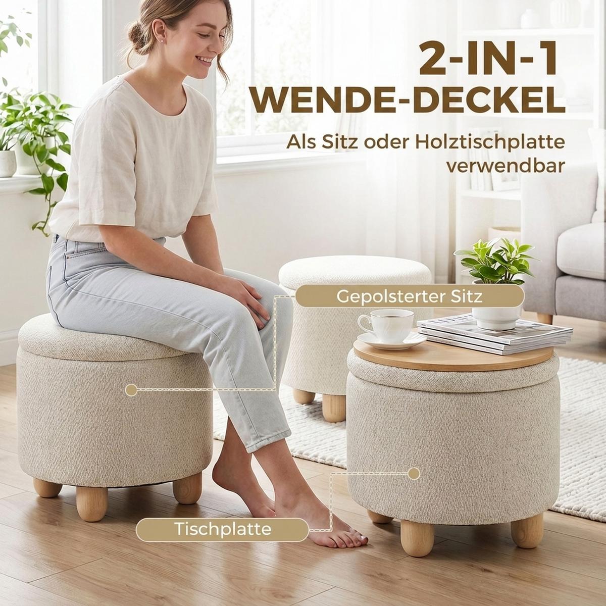 HOCKER-MIT-STAURAUM Polyester Beige - Beige, Holz/Textil (38.5/33.5/38.5cm) - HOMCOM