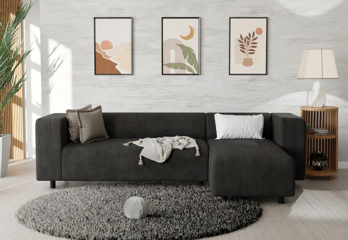 ECKSOFA Tove Schwarz Cord - Ottomane rechts - Schwarz, Holz/Kunststoff (240/142cm) - S-Style Möbel