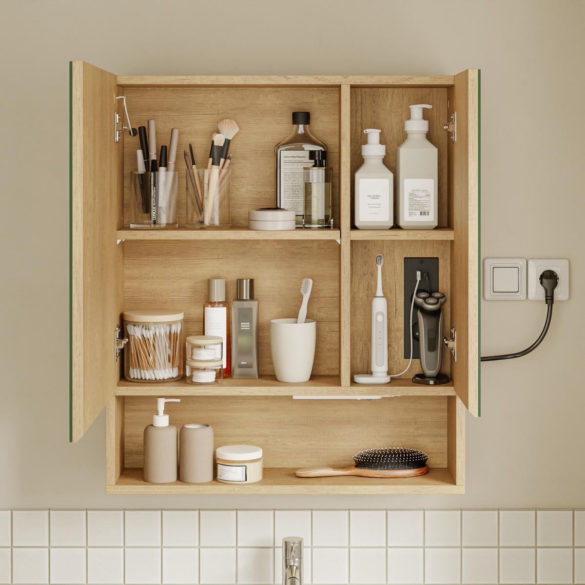 SPIEGELSCHRANK mit LED-Beleuchtung und Touch-Sensor BZR238-E-N - Ahornfarben/Weiß, Kunststoff/Fell (17/70/60cm) - SoBuy