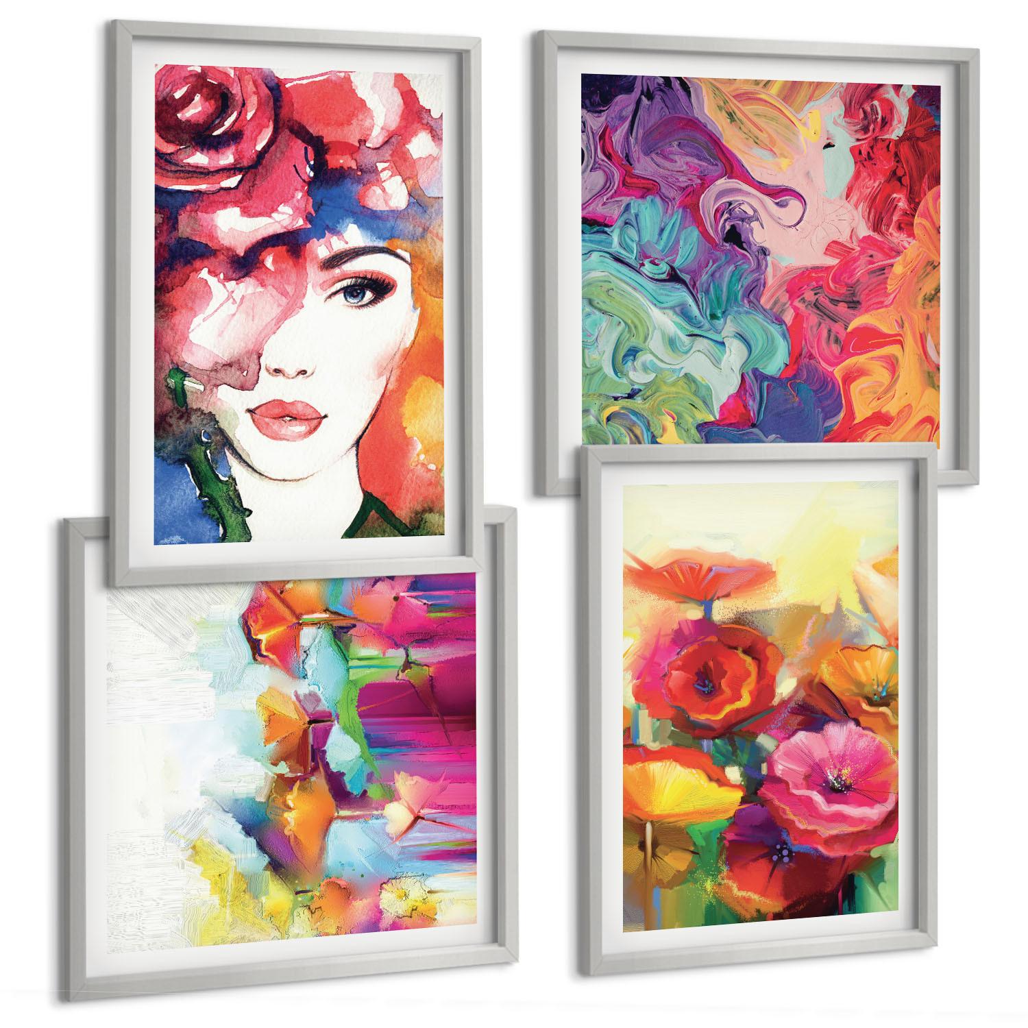 BILDER SET 4er Set - 50x50 cm & 40x60 cm Silberner Rahmen - Porträt von Blumen in intensiven Farben - Silberfarben, Kunststoff (50/50cm) - TULUP
