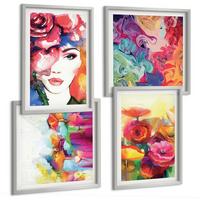 BILDER SET 4er Set - 50x50 cm & 40x60 cm Silberner Rahmen - Porträt von Blumen in intensiven Farben - Silberfarben, Kunststoff (50/50cm) - TULUP