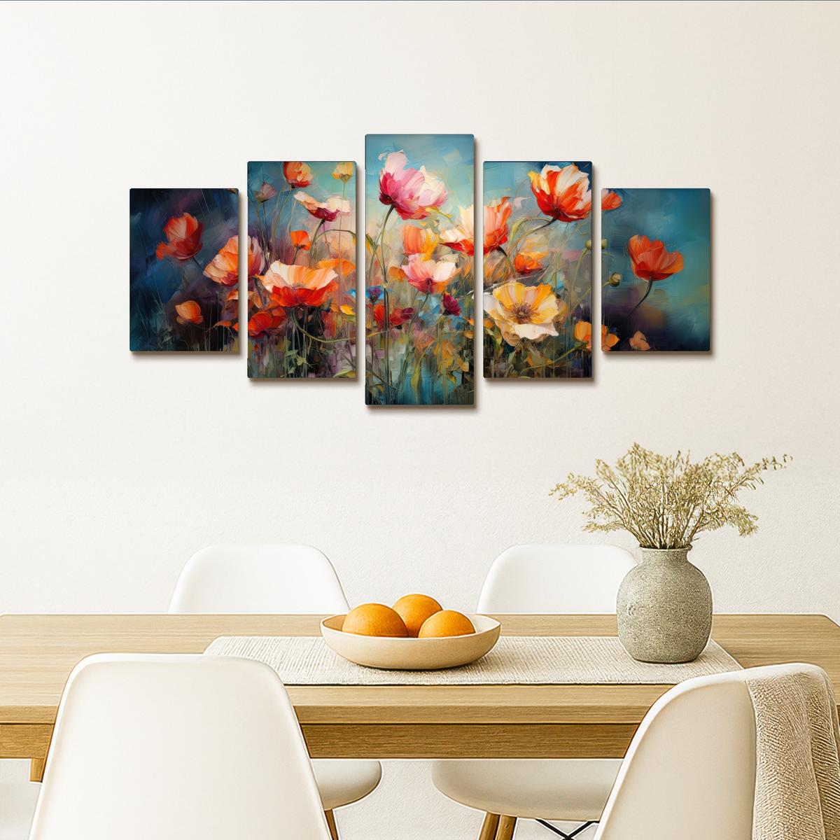 LEINWANDBILD 5er Set Blumen - Bunt - Abstrakt 100x50 cm - Blaugrau, Textil (100/50cm) - MuchoWow