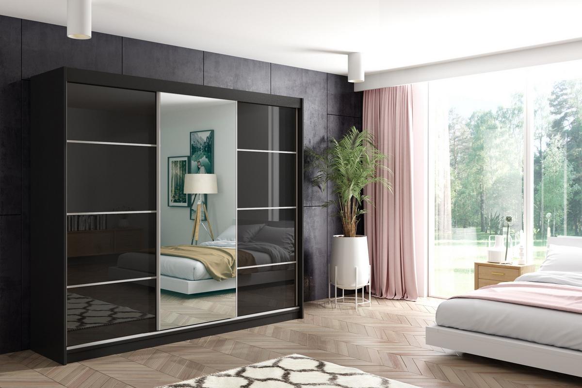 KLEIDERSCHRANK mit Spiegel-Schiebetüren und Aluminium-Leisten, LED-Beleuchtung - VIVONA - 240 cm Schwarz - Schwarz, Holzwerkstoff (150/216/61cm) - ALTDECOR