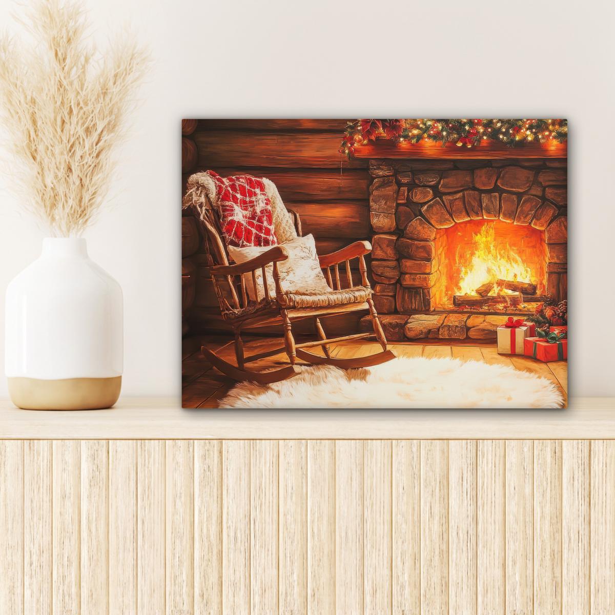 LEINWANDBILD Winter - Weihnachten - Zuhause - Kamin Wandbild 40x30 cm - Bernsteinfarben, Textil (40/30cm) - MuchoWow