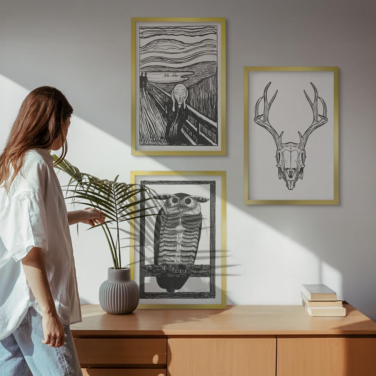 BILDER SET 3er Set - 40x60 cm Goldrahmen - Grafiken mit schreiendem Totenkopf-Eulen - Goldfarben, Kunststoff (40/60cm) - TULUP