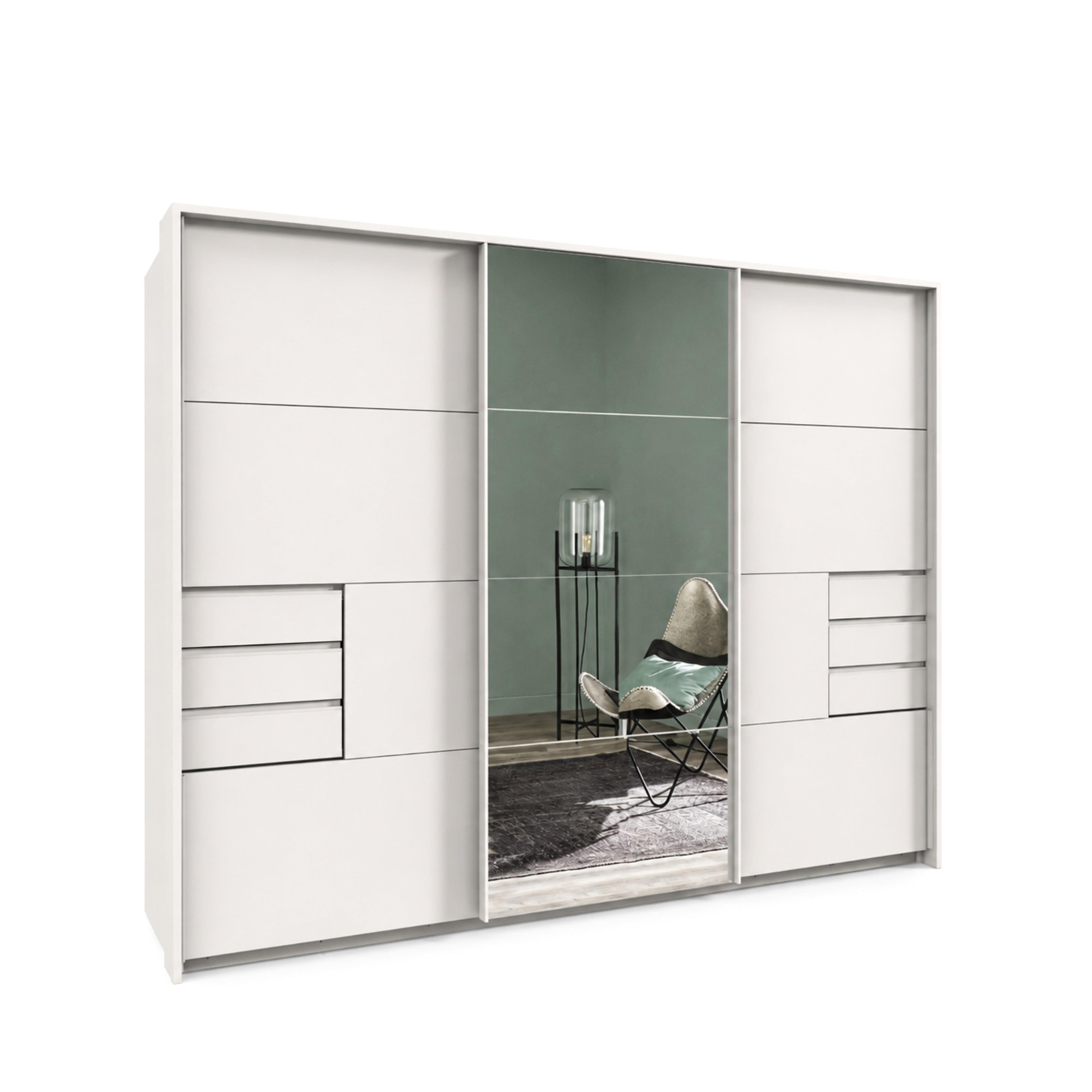 SCHWEBETÜRENSCHRANK 3-türig B273/H213/T64 cm, Weiß/Spiegel, Passepartout-Kleiderschrank mit Schubladen & Vollausstattung / 22619 - Weiß, Holzwerkstoff/Metall (273/213/64cm) - luma-home