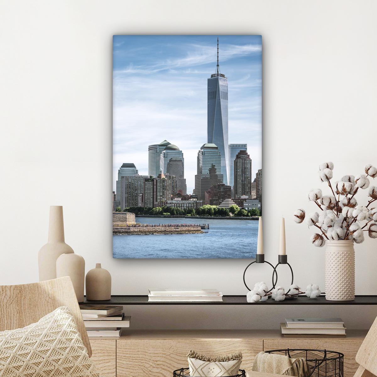 LEINWANDBILD New York - Freiheitsstatue - Wasser Wanddeko Schlafzimmer 60x90 cm - Hellblau, Textil (60/90cm) - MuchoWow