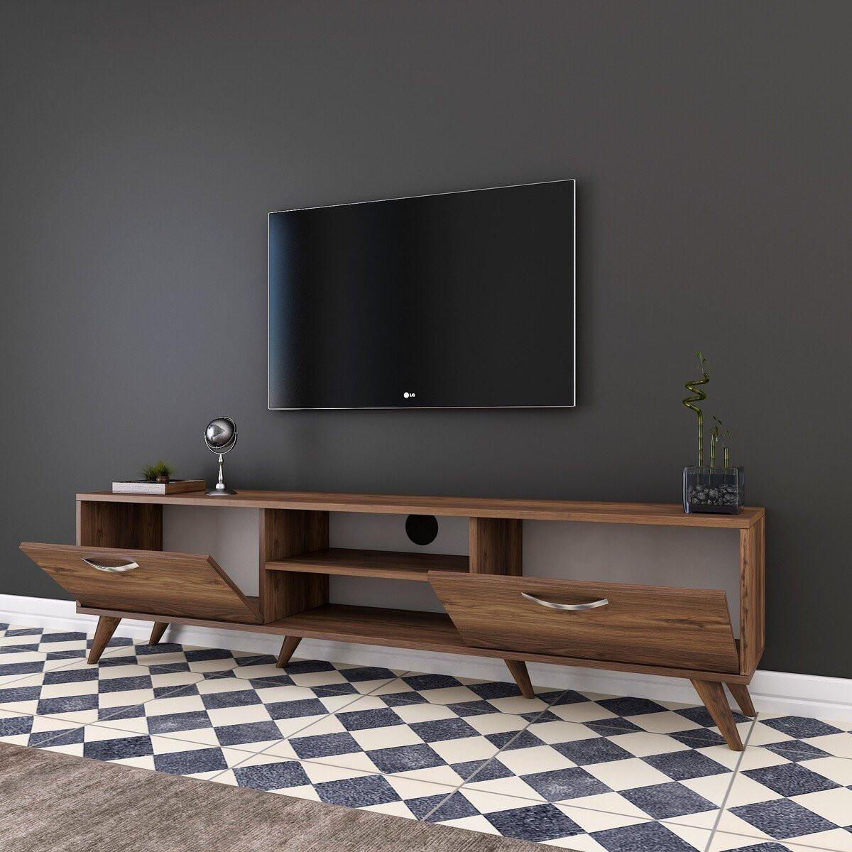 TV-MÖBEL 2 Klapptüren 2 offene Fächer in der Mitte Dekor Walnussholz 35/48,6/180 cm - Nussbaumfarben, Holzwerkstoff (35/48.6/180cm) - Calicosy
