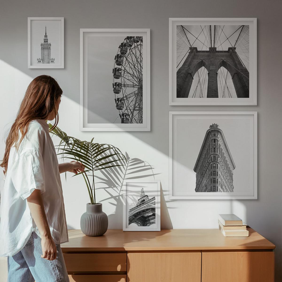 BILDER SET 5er Set - 50x50 cm & 20x30 cm & 40x60 cm Weißer Rahmen - Architektur Schwarz-Weiß-Minimalismus - Weiß, Kunststoff (40/60cm) - TULUP