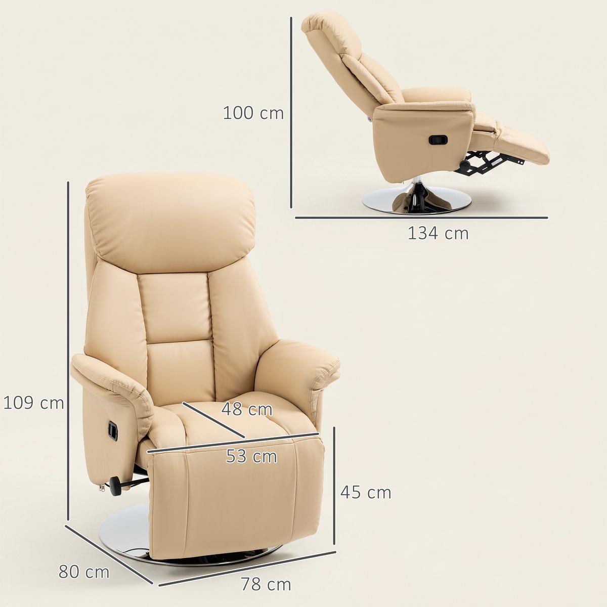 RELAXSESSEL, Fernsehsessel mit manuell Verstellbarer Rückenlehne, Fußteil, Beige - Beige/Silberfarben, Metall (78/109/80cm) - HOMCOM
